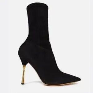 Pointed Black Sock Ankle Booties with Sculpted Gold Heel